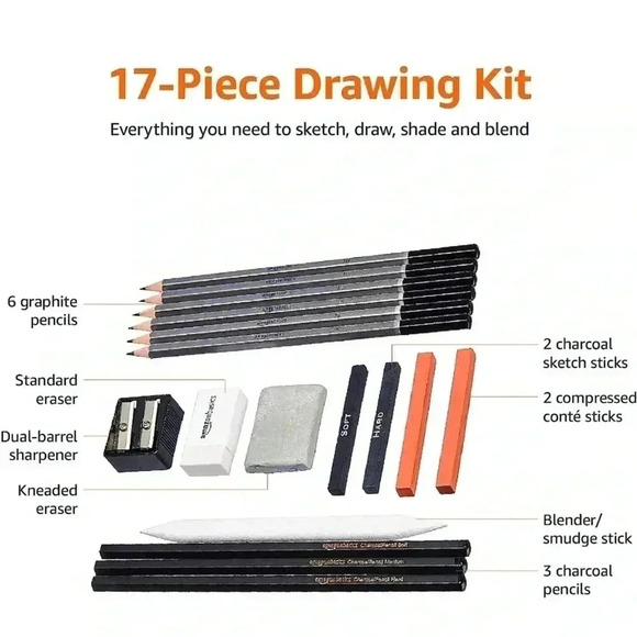 🆕 Amazon Basics Sketch & Drawing Art Pencil Set, Charcoal, Black, White - Picture 6 of 8